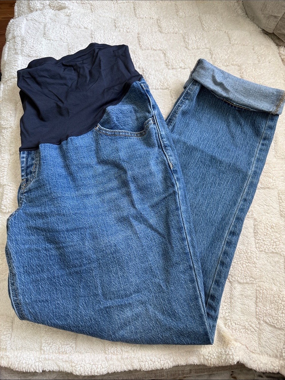 Relaxed Maternity Jeans with Navy Blue Elastic Waistband - Blue